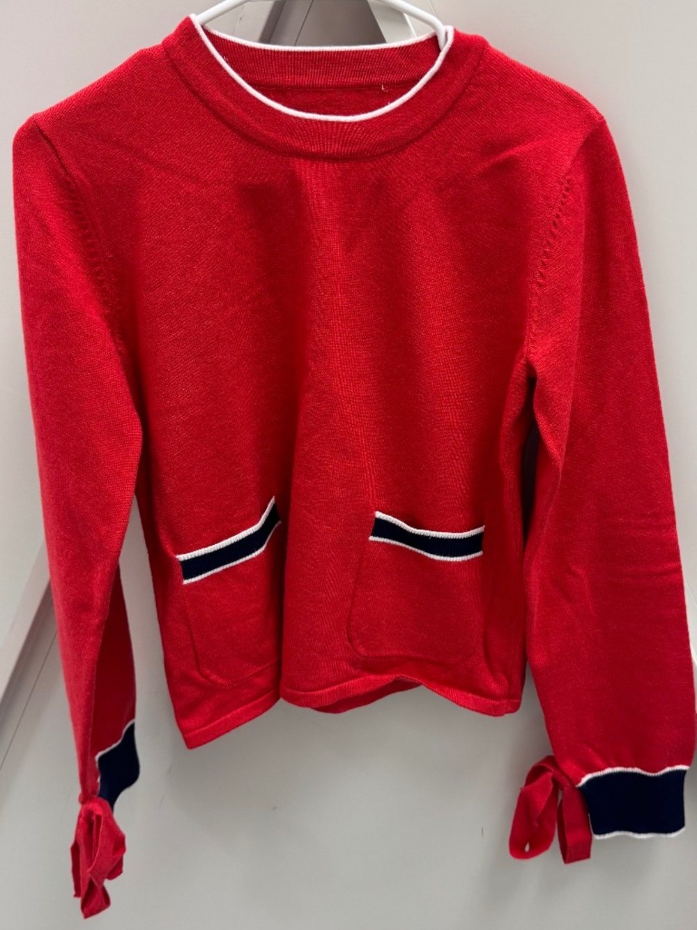 English Factory Contrast Pocket & Ribbon Tie Cuff Knit Sweater